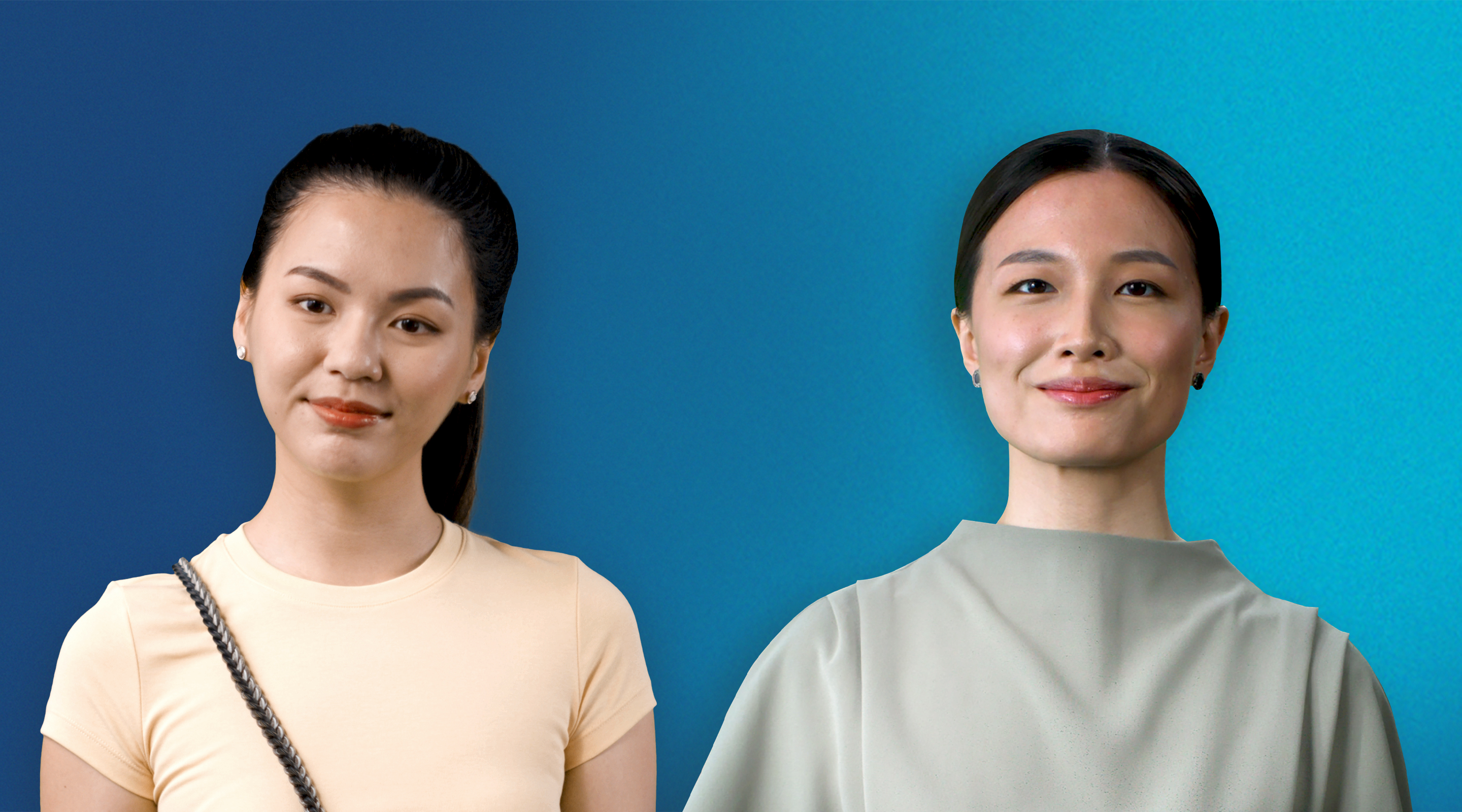 Actor Portrayals; Two women slightly smiling while looking concerned, on a blue gradient background.
