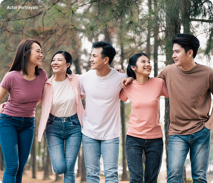 Actor Portrayals; A group of five Southeast Asian friends – 3 women and 2 men – smiling together enjoying a day outdoors in the wilderness.